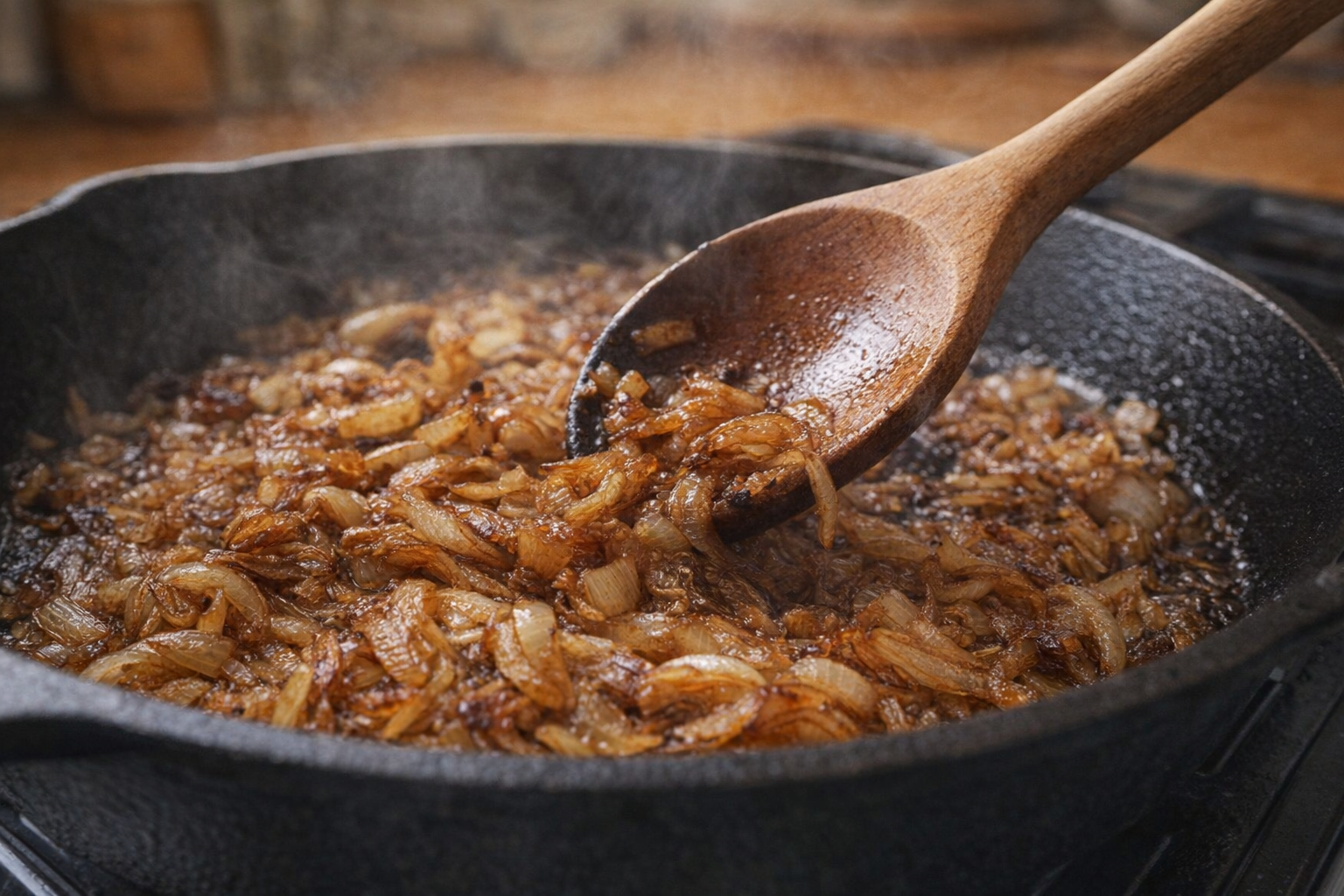 A close-up shot of onions caramelizing in a cast iron skillet, showing various shades of golden brown, with a wooden spoon stirring, warm lighting